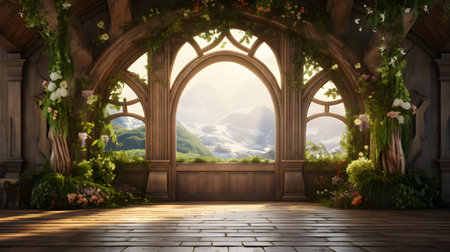 3D rendering of a fantasy garden with a door and a windowの素材