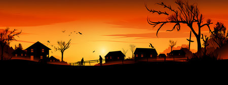 Houses in the forest at sunset. Halloween background. Vector illustrationの素材