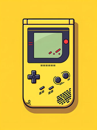 Retro video game console on yellow background. Vector illustration in flat style.の素材