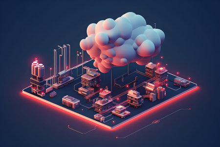 Isometric industrial plant with chimney and smoke on dark background. 3d vector illustrationの素材