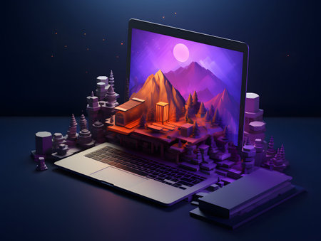 laptop with mountain and city in the background, 3d illustrationの素材