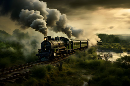 Steam locomotive on the railway in the foggy morning. 3d renderingの素材