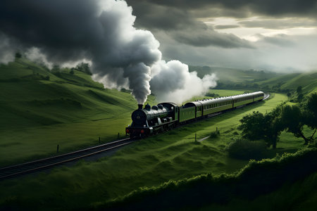 Steam locomotive with smoke coming out of the chimney at sunsetの素材