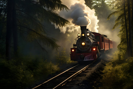 Steam locomotive in the forest at sunset. 3D rendering.の素材