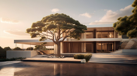 3d rendering of modern luxury house with pool and parking for sale or rentの素材