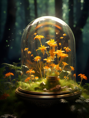 Beautiful flower in a glass dome in the forest. 3d renderingの素材