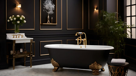 Luxury black bathroom interior with bathtub and gold decor 3D renderingの素材