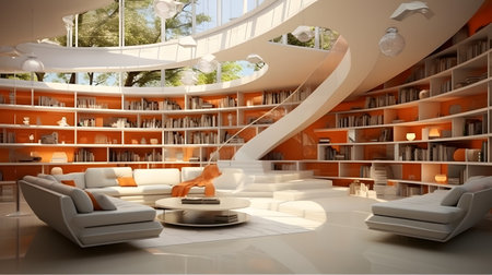 modern living room with orange and white furniture. 3d rendering.の素材
