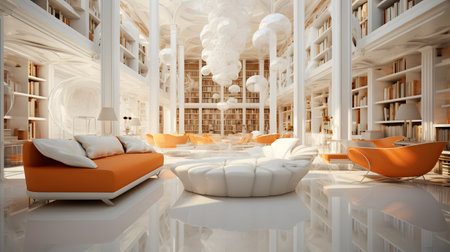 modern living room with orange sofa and orange armchair. 3d renderingの素材