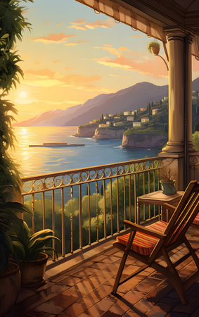 View from the balcony on the sea and mountains at sunset - 3d renderingの素材