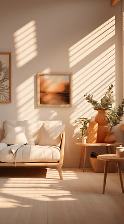 Living room interior with sofa, coffee table and plant. 3d renderの素材