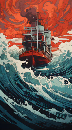 Vintage oil tanker in the sea with waves. Vector illustration.の素材