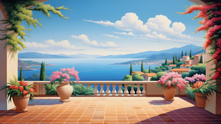 Balcony with view on the sea and mountains. 3d renderingの素材