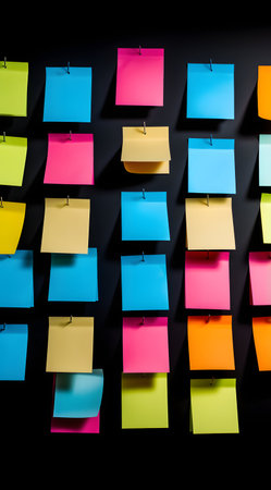 colorful sticky notes on a black background, closeup of photoの素材