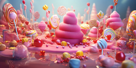 Birthday cake with colorful candies. 3d rendering, 3d illustration.の素材