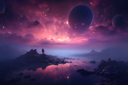 Fantasy alien planet. 3D illustration. Fantasy landscape with planet.の素材