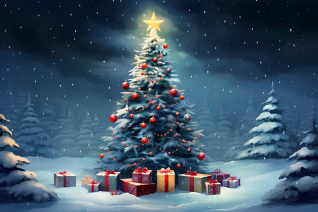 Christmas tree with presents and snowfall in winter forest. 3D renderingの素材