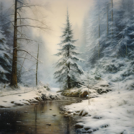 Winter landscape with frozen river and snow covered trees in forest. Toned.の素材