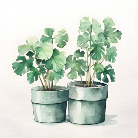 Geranium plant in a pot on a white background. Watercolor paintingの素材