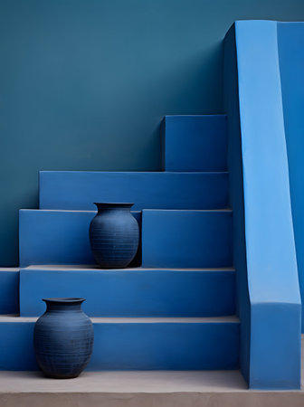 Blue ceramic vase on the blue stairs. 3d render.の素材