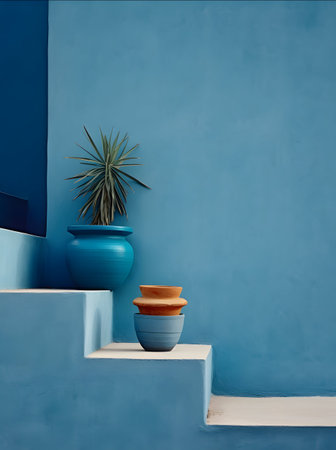 Blue wall and blue stairs with plant in pot, 3d renderingの素材