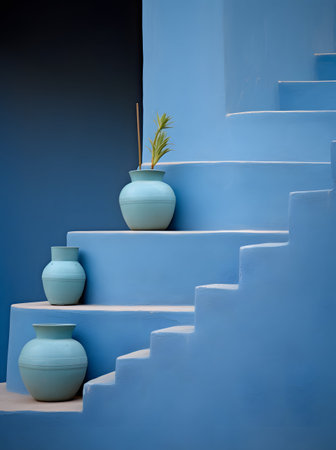 Blue stairs with vase on blue wall background. 3d renderingの素材