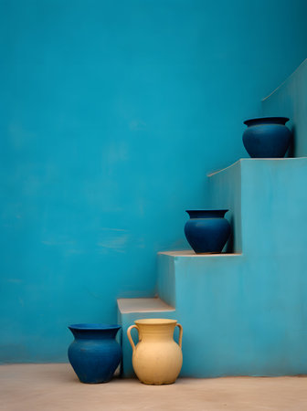 Ceramic vases and stairs on blue wall background. Copy space.の素材
