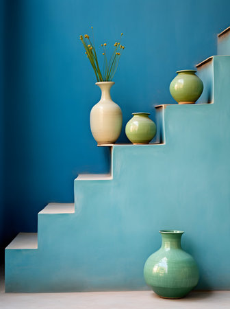 Ceramic vase on blue wall, interior design concept.の素材