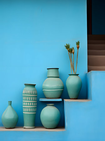 Ceramic vases on the blue wall. Vintage style.の素材