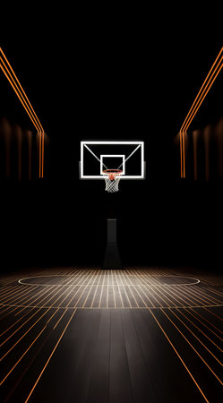 Basketball hoop in the dark. 3d rendering. Computer digital drawing.の素材