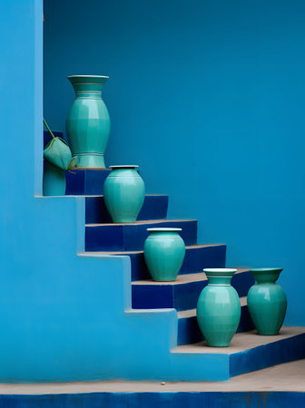 Ceramic vase on the stairs in blue wall, Thailand.の素材