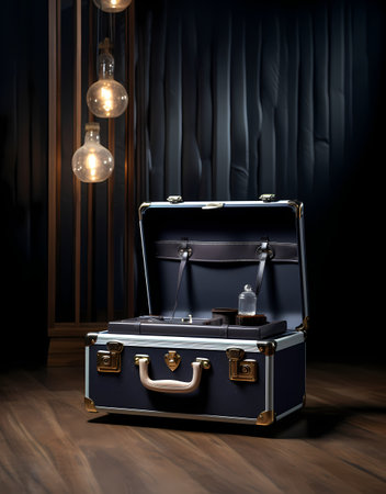 Vintage black case on dark wooden floor in room. 3d renderingの素材