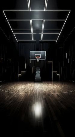 Basketball court with basketball hoop and lights in the dark. 3D renderingの素材