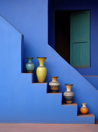 Colorful ceramic vases on the blue wall of the house.の素材