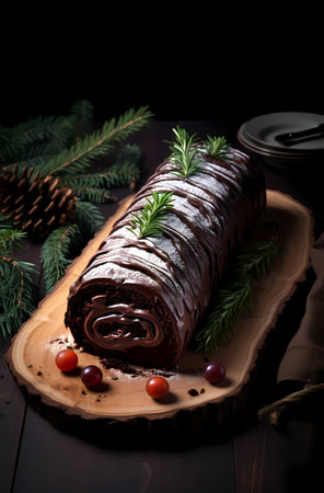 Chocolate roll cake with cranberries and rosemary on a dark backgroundの素材