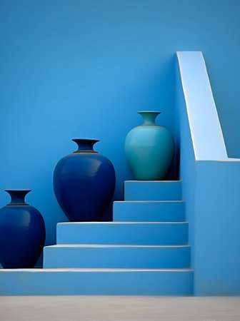 Blue ceramic vase on the blue stairs. 3d render.の素材
