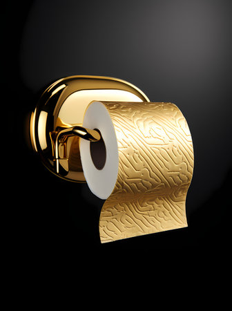 Golden toilet paper roll isolated on black background. 3D illustration.の素材