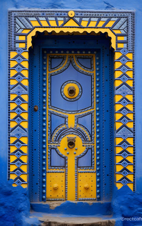 Blue door in Chefchaouen, Morocco. Blue door with yellow ornamentの素材