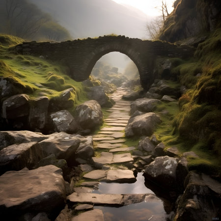 Old stone bridge over a river in the mountains with fog and mistの素材