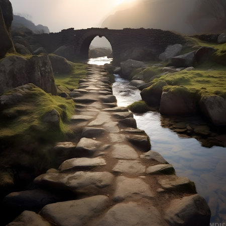 Stone bridge over the river in the mountains. 3d illustration.の素材
