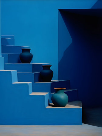Blue and black ceramic vases on the stairs. 3D renderingの素材