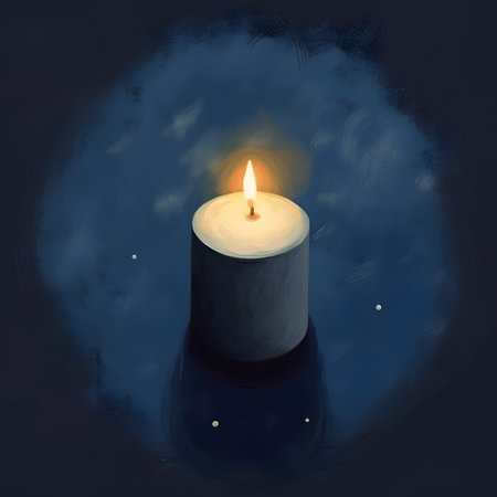 Burning candle on a dark blue background. 3D illustration.の素材