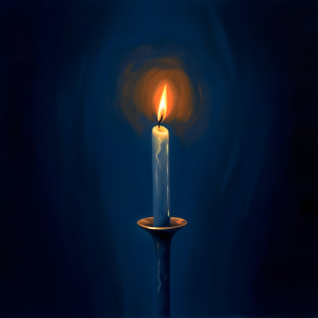 Burning candle in a candlestick on a dark blue backgroundの素材
