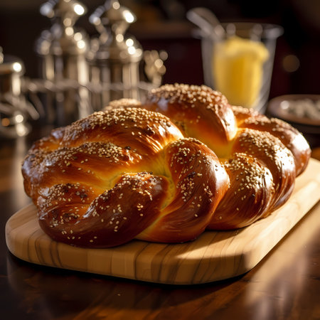 Sweet braided bread with sesame seeds on a wooden board.の素材