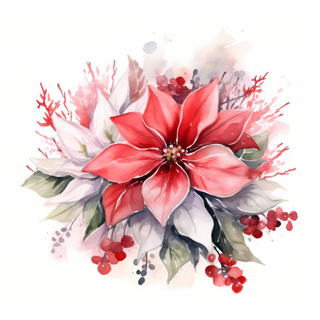Watercolor Christmas bouquet with poinsettia. Vector illustration.の素材