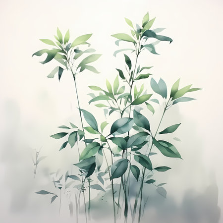 Illustration of a bamboo plant with green leaves on a foggy backgroundの素材