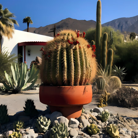 Cactuses in a pot on the background of mountains and blue skyの素材