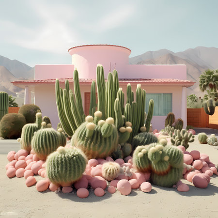 3D render of cactus garden in desert with pink house.の素材