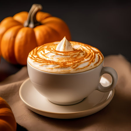 Pumpkin latte with whipped cream in white cup on dark backgroundの素材