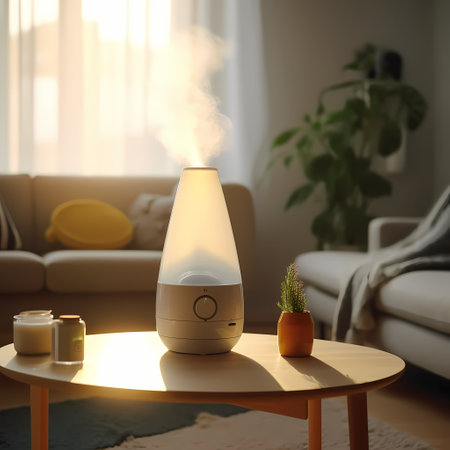 Modern air humidifier on table in room. 3d render illustrationの素材